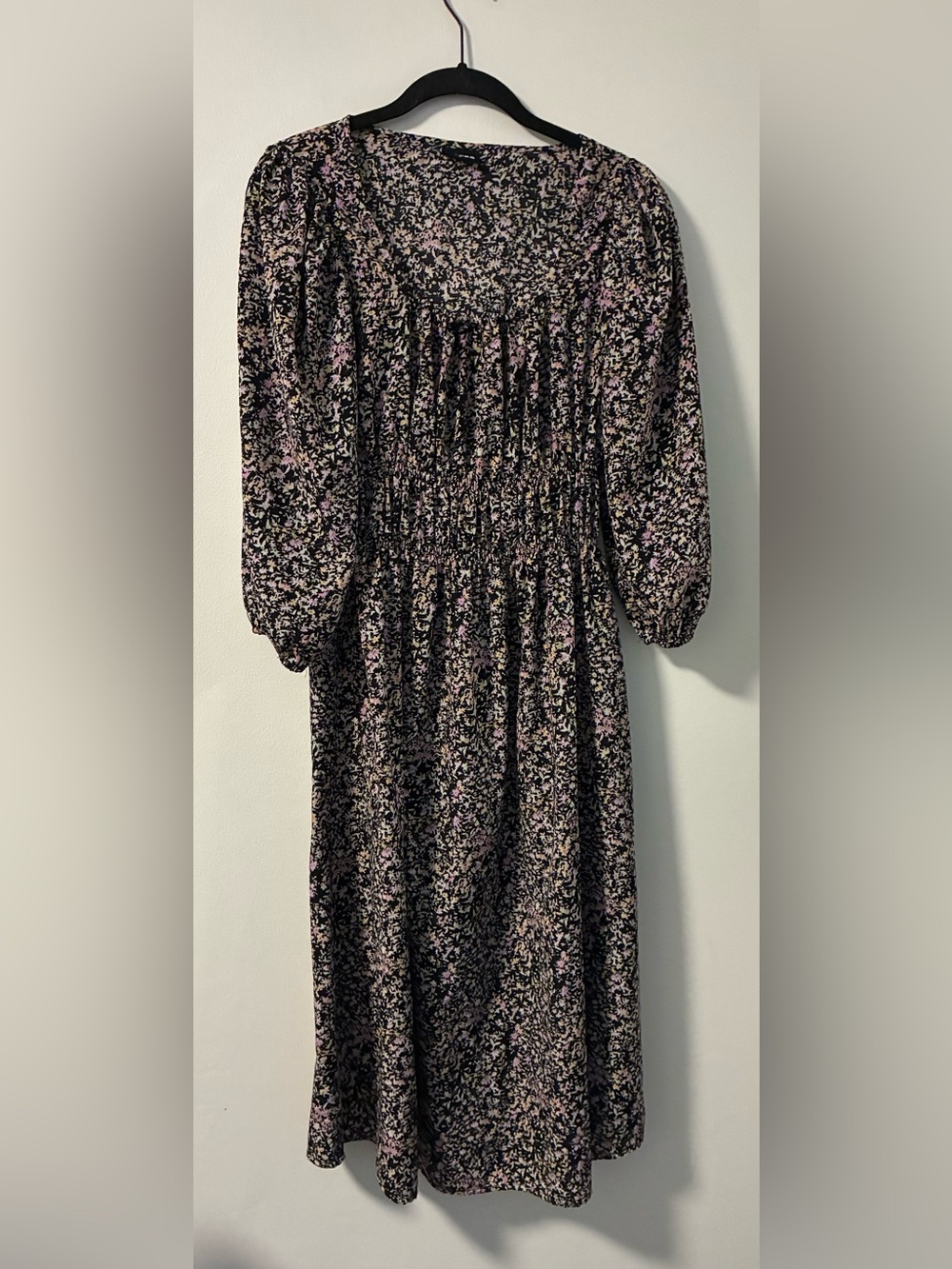 Floral Smocked Waist Long Sleeve Midi Dress - Black & Floral
